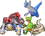 gen 3 sprite of the ruby/sapphire female protagonist alongside a groudon, latios, sceptile, minun, linoone, and a shiny metagross